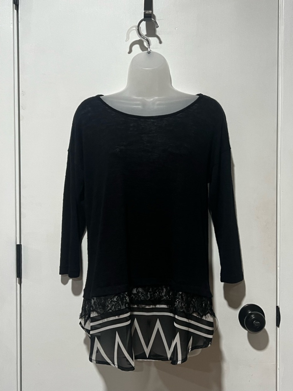 bobeau Black Layered Lace-Hem Long Sleeve Top with Patterned Chiffon